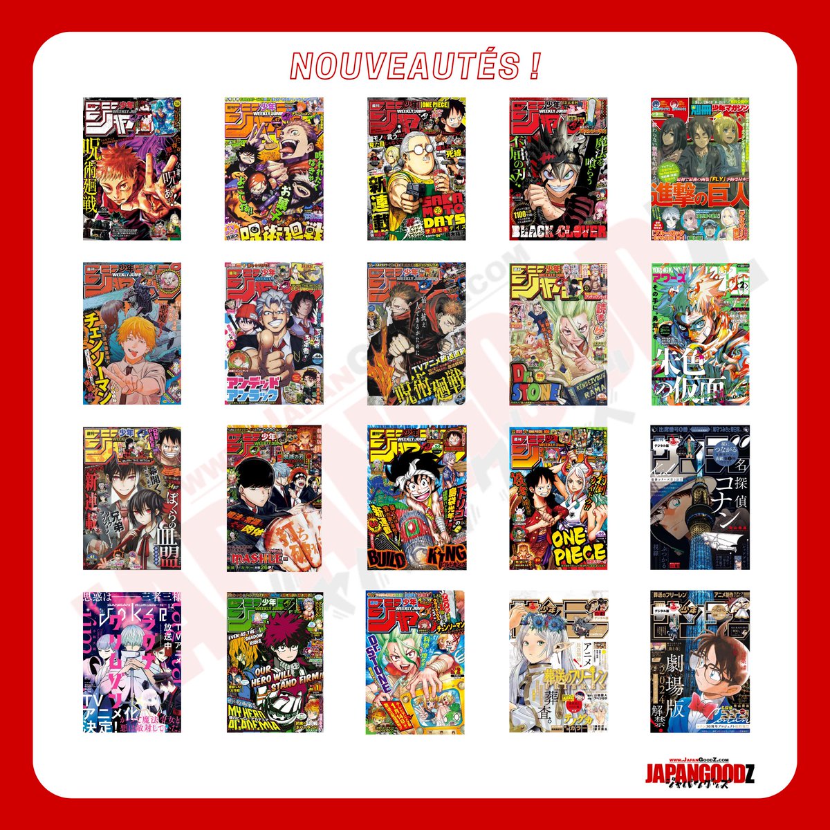 Japan_Goodz's tweet photo. 🚨 Nouvel arrivage !

Découvrez ou redécouvrez les moments forts de vos séries préférées comme le lancement de #SakamotoDays ou #BuildKing 🚀

Chaque tweet ci-dessous vous dévoile 2 magazines. Cliquez sur les images pour afficher les détails 🔍

#WeeklyShonenJump https://t.co/Wa0RYoUytP