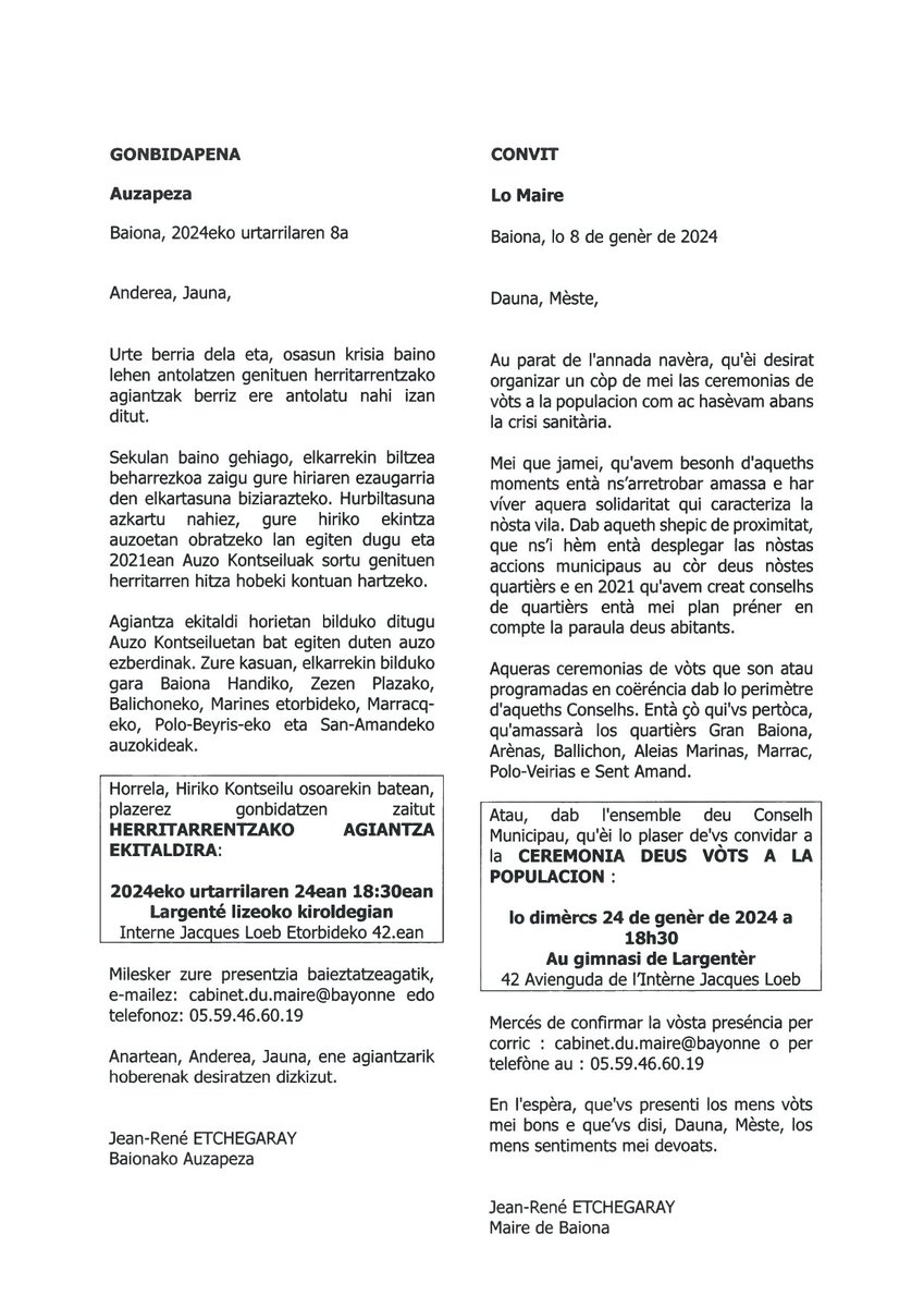 🗓 Voeux à la population - Invitation | La seconde des quatre cérémonies des voeux à la population de M. le Maire <a href="/JreneEtchegaray/">Jean-René Etchegaray</a> et des membres du Conseil Municipal aura lieu mercredi 24 janvier, à 18h30, au gymnase de Largenté.
Elle est destinée aux habitants des quartiers