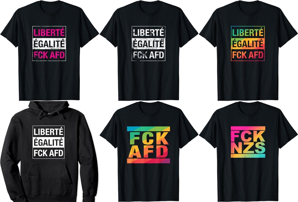 Falls Ihr diese Shirts auf der Demo gesehen und Euch gefragt habt, wo's die gibt: swiy.io/FCK_AFD

Oder Einfach "Zeichen setzen gegen Rechts" bei Amazon suchen!