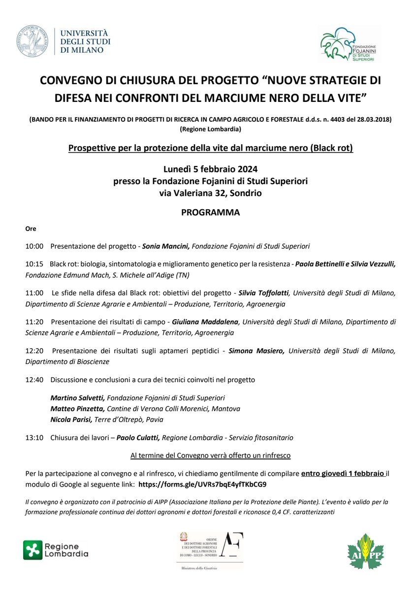 grape4vine's tweet photo. Prospettive per la protezione della vite dal marciume nero (Black rot). Il convegno, evento finale del progetto NUOVE STRATEGIE DI DIFESA NEI CONFRONTI DEL MARCIUME NERO DELLA VITE si terrà il 5 feb 2024 presso la Fondazione Fojanini (Sondrio) e online (Teams).
@SLToffolatti https://t.co/wX0bcOaCoi