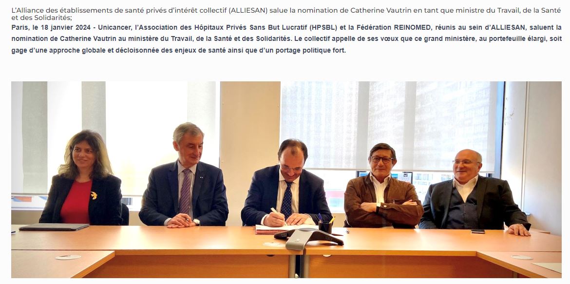 L’Alliance des établissements de santé privés d’intérêt collectif (ALLIESAN @GroupeUnicancer @HPSBL <a href="/Reinomed/">Reinomed</a>) salue la nomination de Mme Vautrin en tant que Ministre du Travail, de la Santé et des Solidarités cutt.ly/BwLfzNPI
<a href="/Ortus_Sante/">Ortus Santé</a> <a href="/PascalMaurel/">Maurel</a>