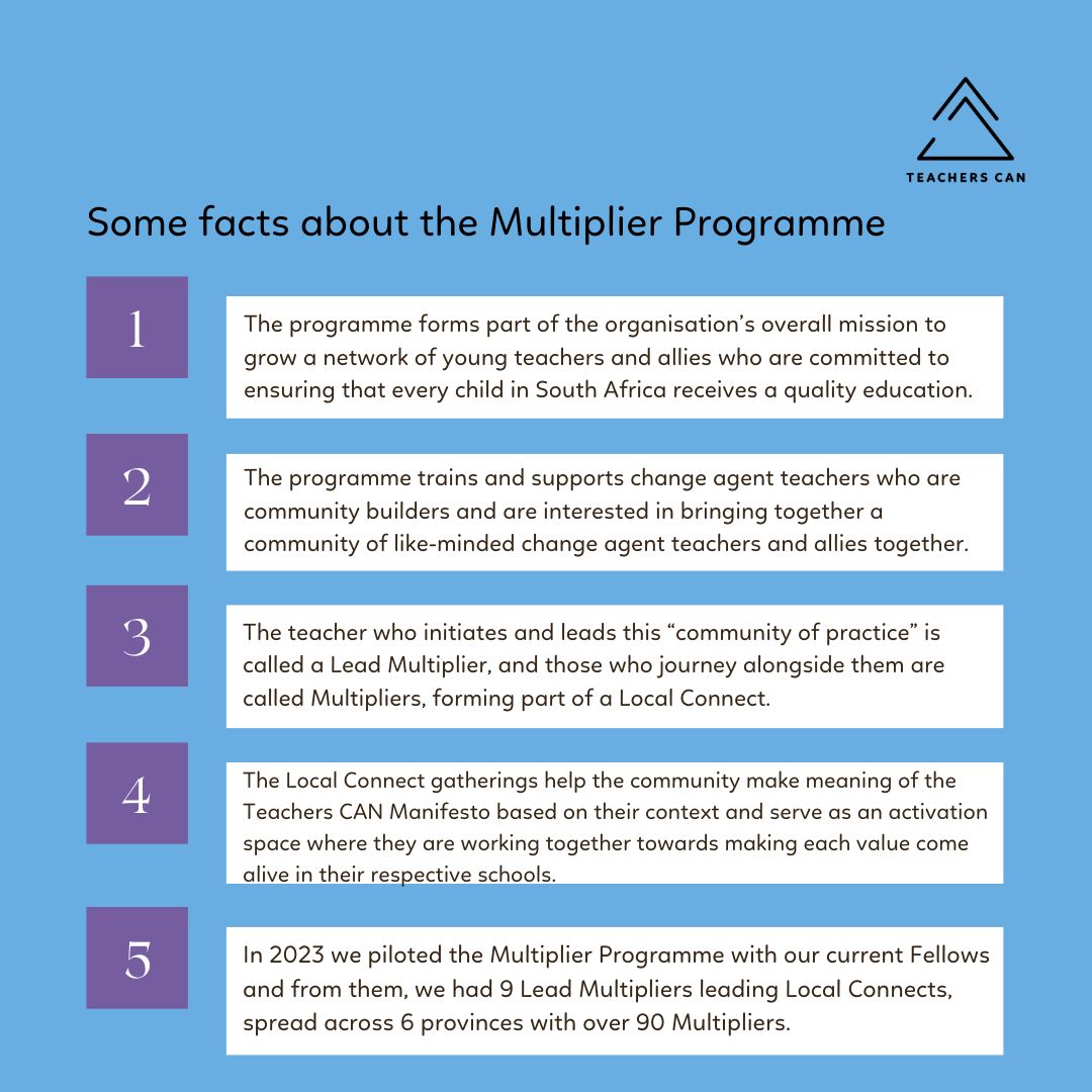 The Teachers CAN Multiplier Programme is for teachers interested in and passionate about community building. 

If this sounds like you, then start your application today.

⏰Apply here: teacherscan.org.za/multiplier-pro…

Applications close: 31 January 2024
#teachers #tchangeagents