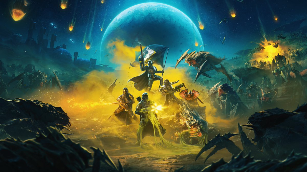 ¡Lucha por la libertad!🔥 Prepárate para el lanzamiento de #Helldivers2 el próximo 08/02 en #PS5 y PC. ¿Listos para acabar con ellos? 😎¡Descárgate este fondo de pantalla!