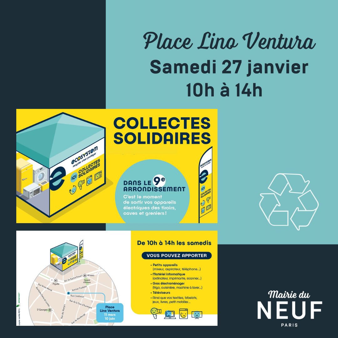 ♻️ PROCHAINE COLLECTE SOLIDAIRE avec ecosystem.eco & @emmaus_france 🗓Samedi 27 janvier 🕘de 10h à 14h 📍Place Lino Ventura - 📱Petit et gros appareil - 📺TV - Matériel informatique… 🌍♻️>Permettre aux appareils de connaitre une seconde vie >bit.ly/COLLECTEM9