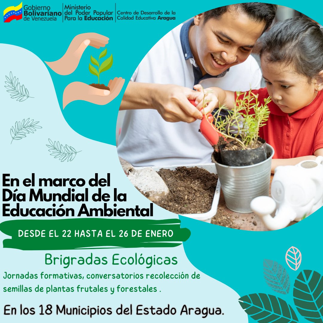 CDCEAragua's tweet photo. Desde el 22 hasta 26 #Ene en el marco del Día Mundial de la Educación Ambiental en todos los municipios del Edo. Aragua se harán jornadas formativas, conversatorios y recolección de semillas. 
#HaciaEl2030ConLas7T 
@NicolasMaduro 
@_LaAvanzadora 
@MPPEDUCACION 
@PiedadQuintana1 https://t.co/oBpWaPPb1J