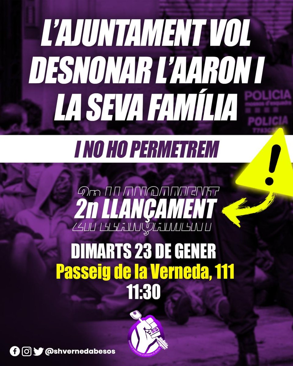 ⚠️ ALERTA DESNONAMENT • Hora confirmada ⚠️

Després d'un intens cap de setmana per les detencions de dos militants, seguim ferms en la nostra lluita

Demà el <a href="/pscbarcelona/">PSC Barcelona/♥️</a> intentarà desnonar l'Aaron i la seva família, i no ho permetrem!

🕒 11:30
📍 Pg. Verneda 111