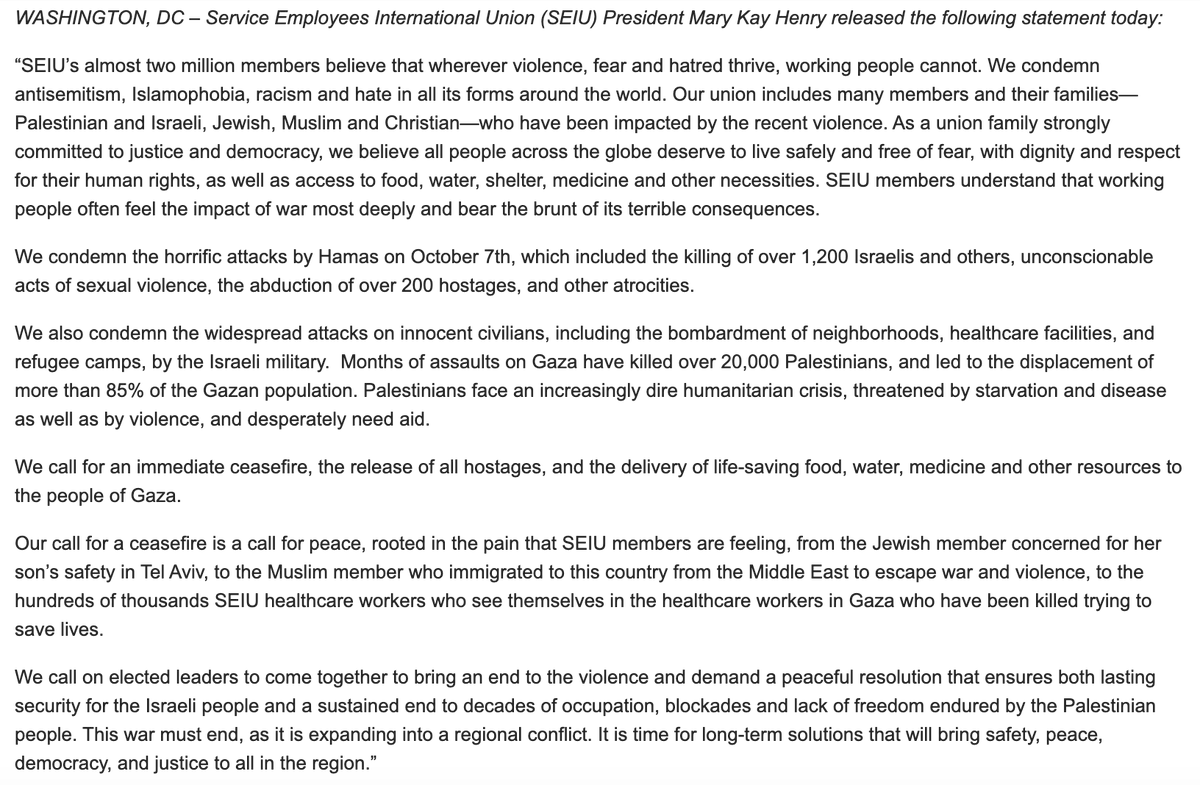 2-million member union @SEIU calls for ceasefire. President @MaryKayHenry: 'We call for an immediate ceasefire, the release of all hostages, and the delivery of life-saving food, water, medicine and other resources to the people of Gaza.' Full statement:
