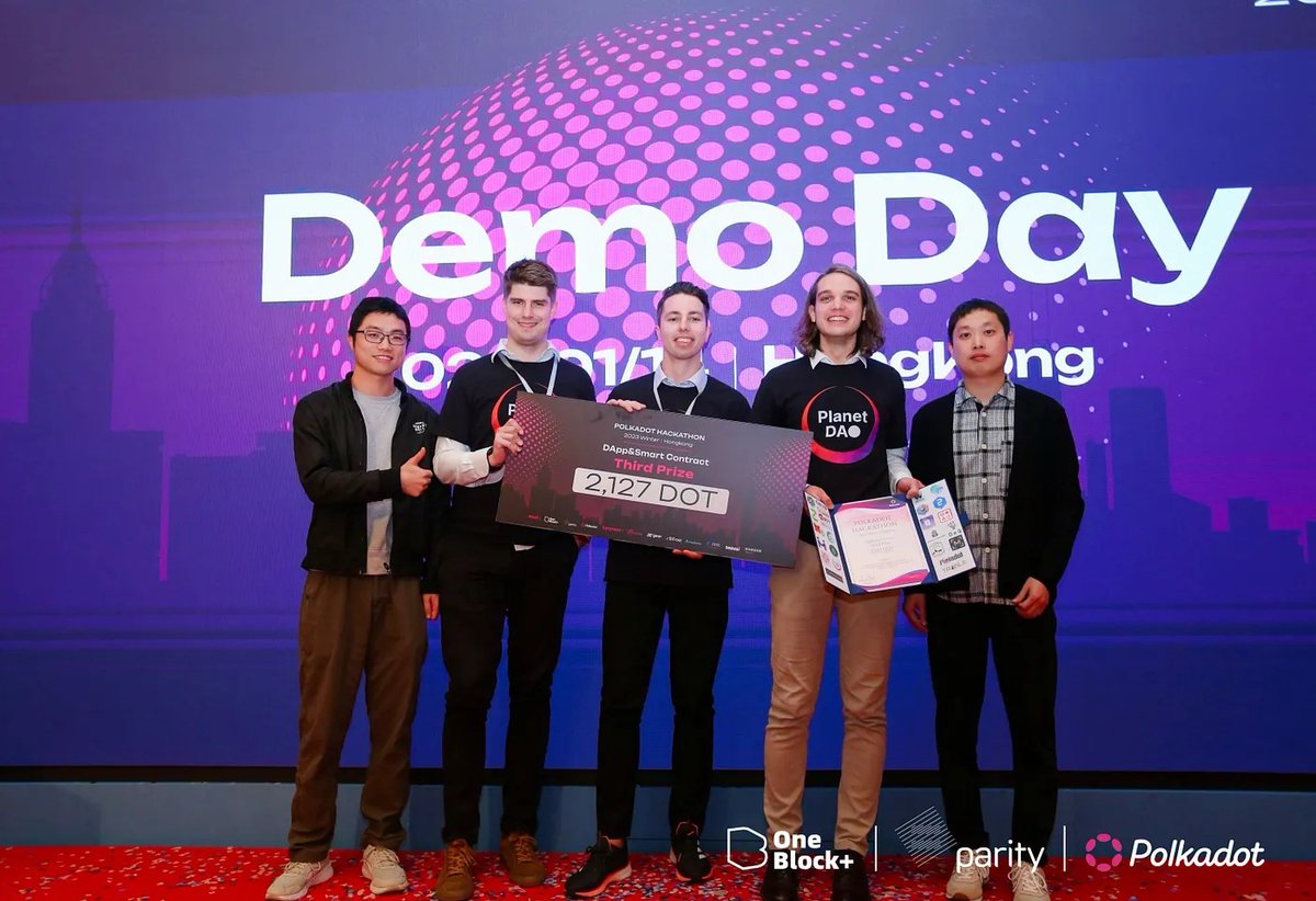 arjenvgaal's tweet photo. @ThijssenSteve, @ThomasGoethals and me participated in the 2023 Winter @Polkadot
Hackathon finals in Hong Kong, and with our product "Planet DAO" (https://t.co/KQKXM8YpGi) we made it to 3rd place.   

Thanks @Polkadot for organising this great event! 🎉 https://t.co/sUEqAJKCIg