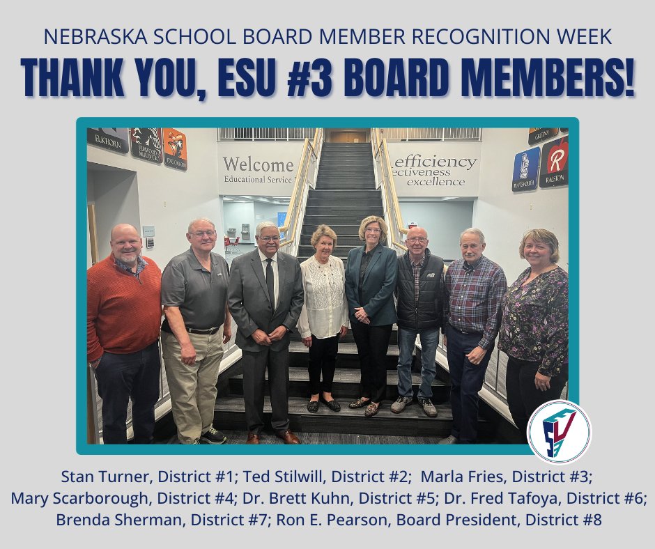 Happy Nebraska School Board Member Recognition Week! A special shoutout to the dedicated ESU #3 Board of Education for their unwavering support, loyalty, and valuable commitment to ESU #3. Thank you for all you do! 🌟