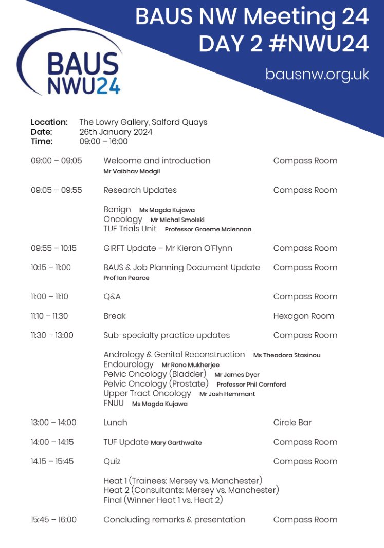 📣NW Urology Meeting

📆 Day 2: 26/01 

🗣️Updates
Research: <a href="/kujawa_magda/">Magda Kujawa</a> <a href="/michasmolski/">Michal Smolski</a> <a href="/TUF_tweets/">TheUrologyFoundation</a> 
GIRFT: K O'Flynn
BAUS: <a href="/IPearce82/">Ian Pearce</a> 
Updates: 🍆T.Stasinou,💎<a href="/rono_mukherjee/">Rono Mukherjee</a> , ♋️<a href="/philcornford/">Philip Cornford</a> <a href="/joshhemmant1/">Josh Hemmant</a> J.Dyer, 🧠<a href="/kujawa_magda/">Magda Kujawa</a>

🏅Mersey x Manchester Quiz
    Trainees x Cons