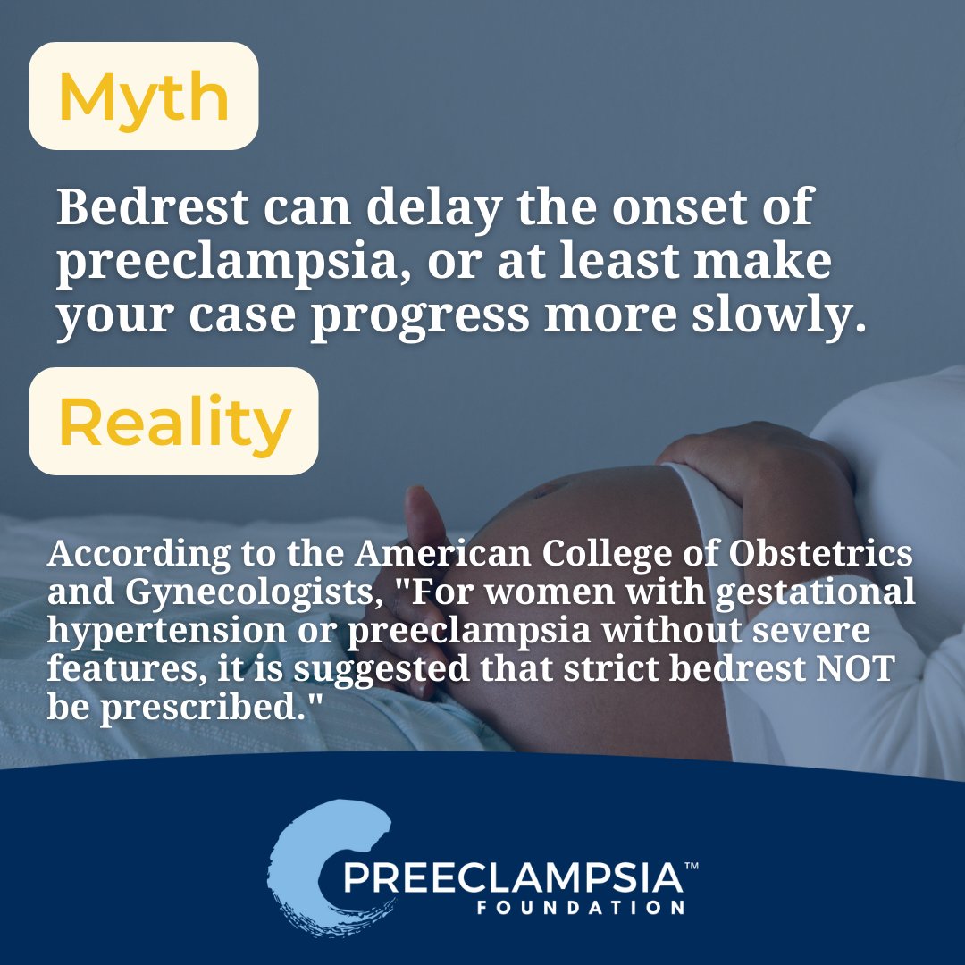 Research has suggest that there is little to no benefit to put preeclampsia patients on bedrest, and that it may actually cause additional complications like clots and poor mental health. #PreeclampsiaMyths preeclampsia.org/the-news/commu…