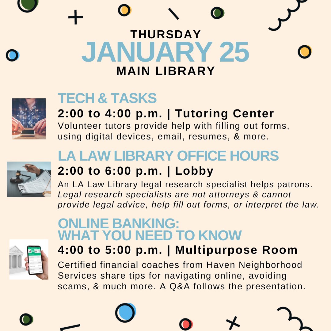 This Week at the Library, keep those New Year's resolutions going at one of our programs 🙃

View all upcoming events here: ow.ly/w3zR50QqBH0 

#SMPL #SantaMonicaPublicLibrary #BeachReads #January #Events