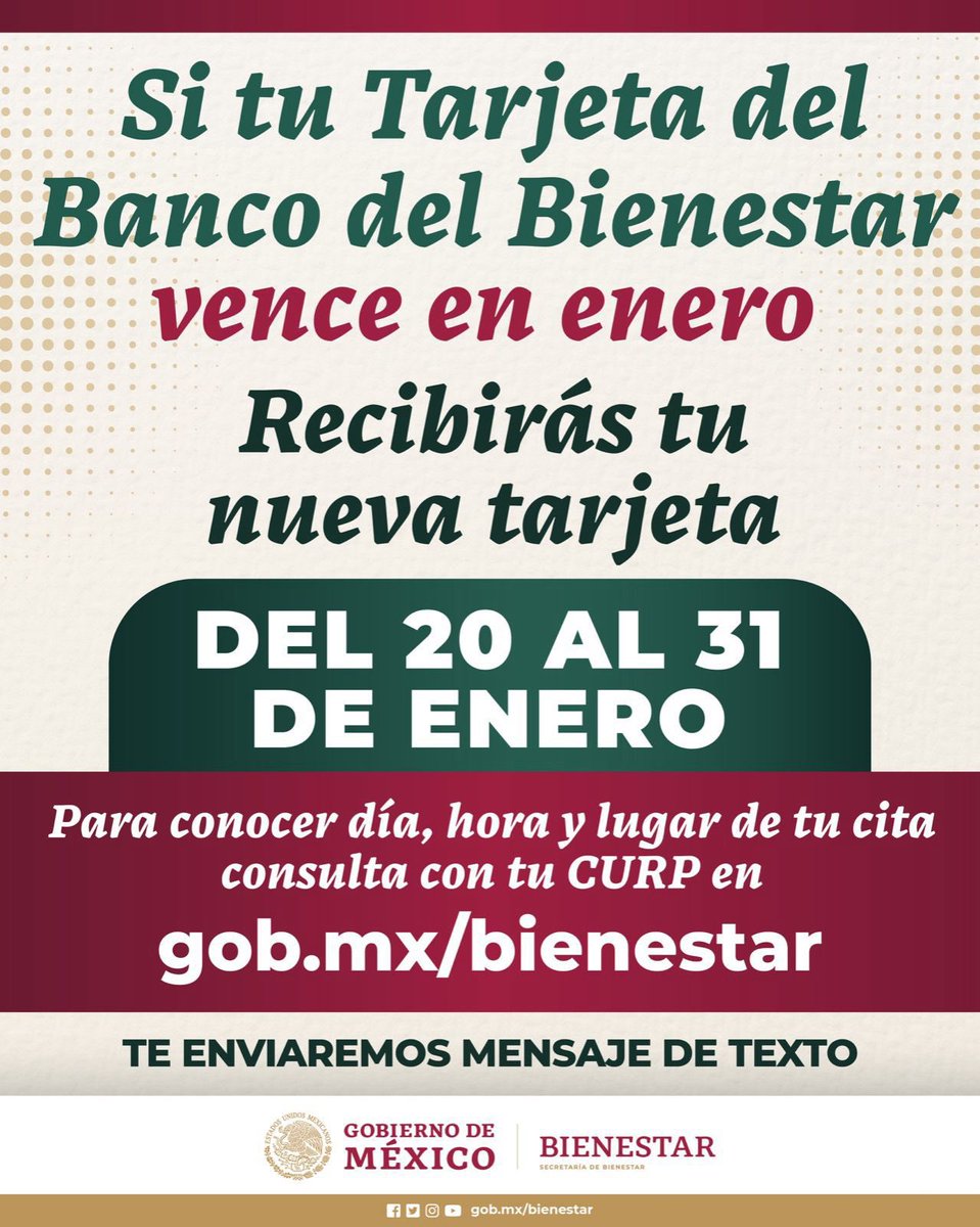 A_MontielR's tweet photo. 🔴AVISO IMPORTANTE
Revisa si tu #TarjetaBienestar vence en enero, de ser así, del 20 al 31 de ENERO te entregaremos una tarjeta nueva. Recuerda que deberás llevar una identificación oficial vigente con fotografía en original y copia y un teléfono de contacto.

Consulta aquí https://t.co/1fJ9xmT7Y0 con tu CURP en mano para conocer día, hora y lugar para recogerla.

#PrimeroLosPobres