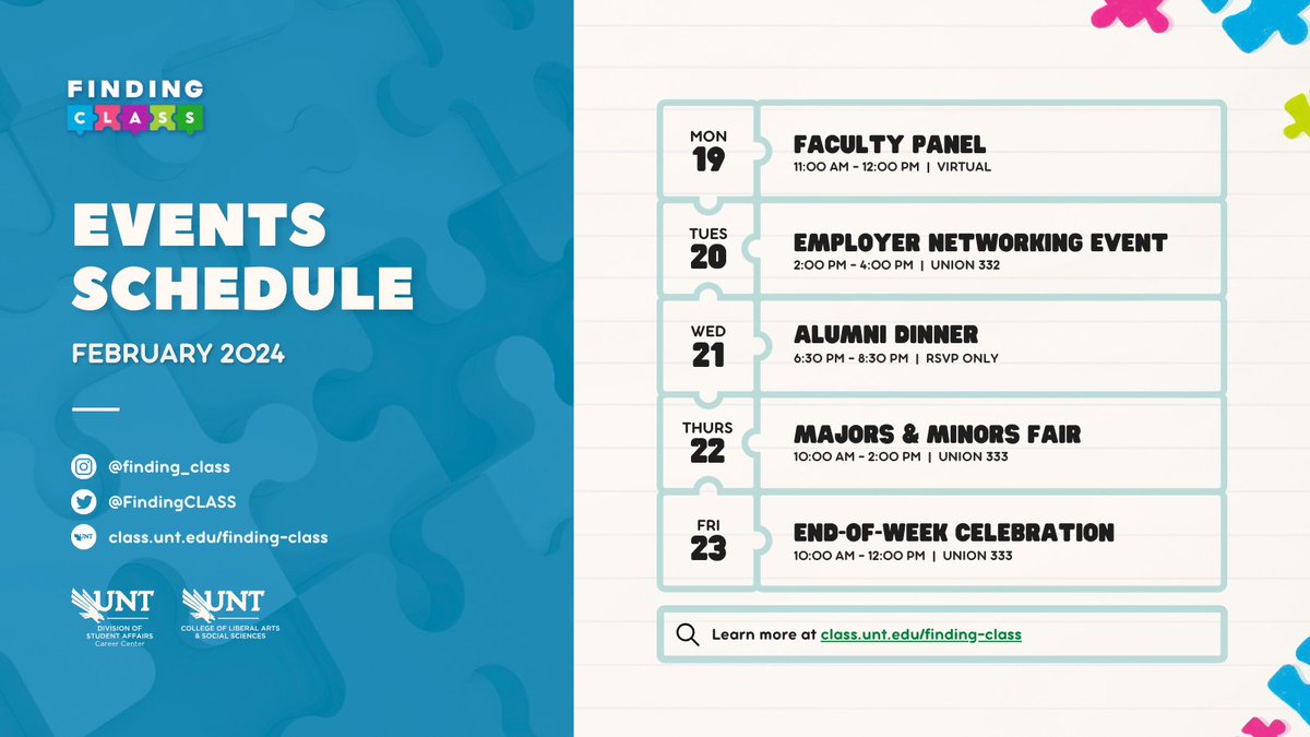 UNT Career Center (@untcareercenter) on Twitter photo NEXT MONTH! Finding CLASS is a career exploration week open to all students. Learn what CLASS has to offer and how you can tailor your degree to your professional goals.
Follow <a href="/FindingCLASS/">Finding CLASS</a> or visit class.unt.edu/finding-class for more information NEXT MONTH! Finding CLASS is a career exploration week open to all students. Learn what CLASS has to offer and how you can tailor your degree to your professional goals.
Follow <a href="/FindingCLASS/">Finding CLASS</a> or visit class.unt.edu/finding-class for more information