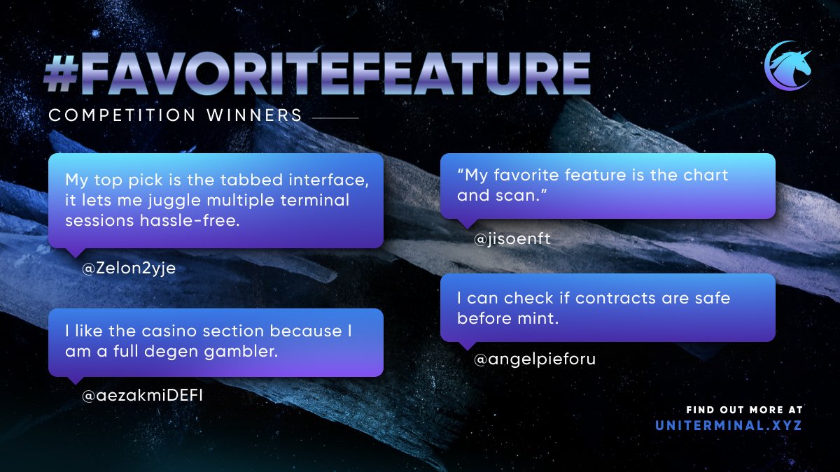 UniTerminalExt's tweet image. 🎉 Congratulations to the winners of our #FavoriteFeature competition: 

@aezakmiDEFI
@jisoenft
@Zelon2yje
@angelpieforu

🌟Thank you for sharing your favorite features of Uni Terminal and being a part of our community. Keep trading smart with us!

$UNIT #UniTerminal