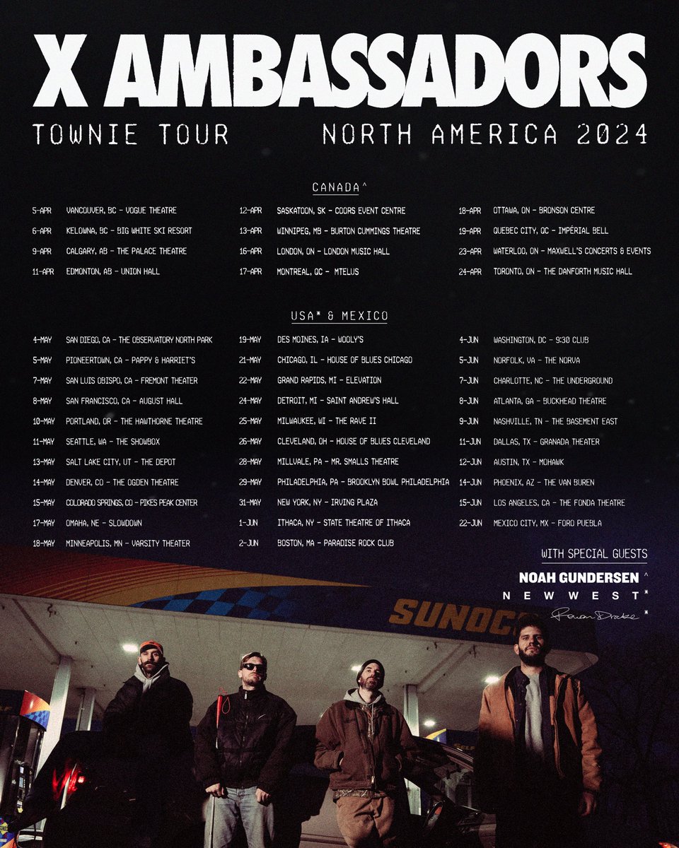 XAmbassadors's tweet image. TOWNIE WORLD TOUR 2024 ❤️ We’re going global and bringing you our brand new album…see you in the US, Canada, Mexico, Europe, and the UK.  Artist pre-sale tickets and VIP packages go live tomorrow at 10am local, don’t forget to use passcode: TOWNIE.