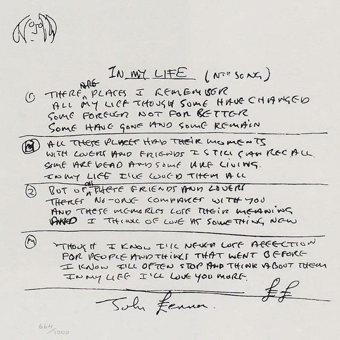 John Lennon’s handwritten lyrics for The Beatles' song, “In My Life”: