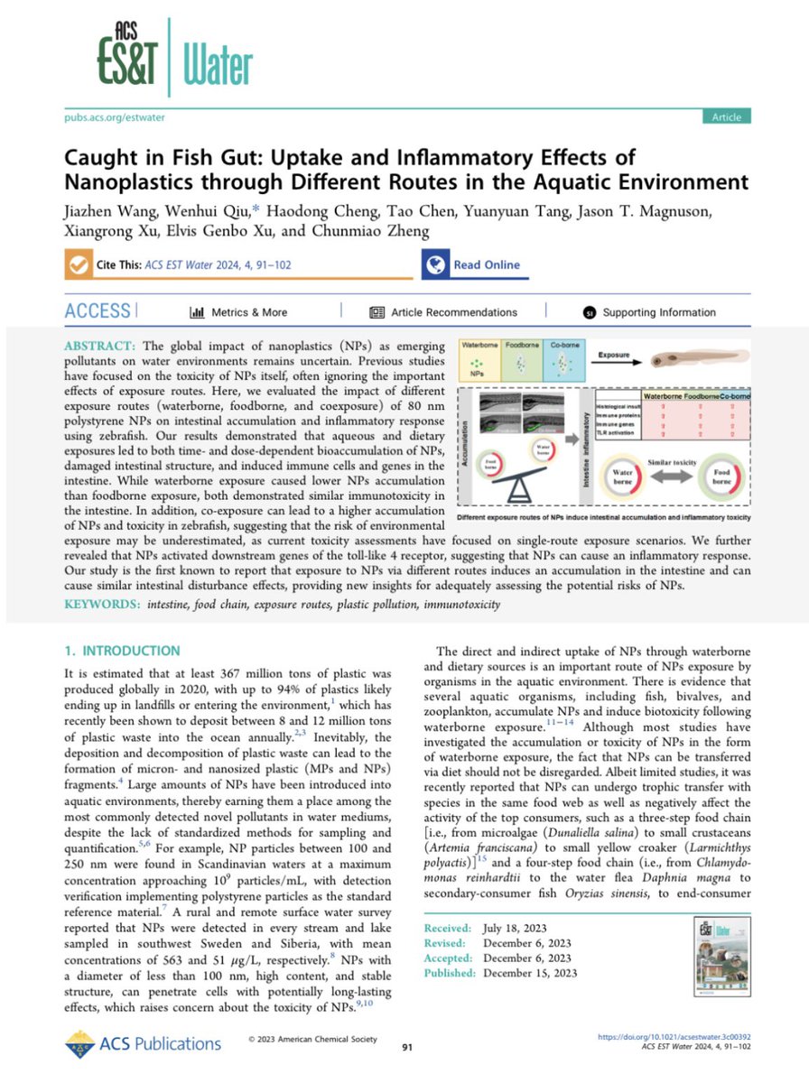 Dr. Elvis Genbo Xu (@elvisgbxu) on Twitter photo Our latest paper in ES&T Water <a href="/EnvSciTech/">Environmental Science & Technology Journals</a>
Caught in Fish Gut: Uptake and Inflammatory Effects of #Nanoplastics through Different Routes.
While waterborne exposure caused lower NPs accumulation than foodborne exposure, both demonstrated similar immunotoxicity in the intestine. Our latest paper in ES&T Water <a href="/EnvSciTech/">Environmental Science & Technology Journals</a>
Caught in Fish Gut: Uptake and Inflammatory Effects of #Nanoplastics through Different Routes.
While waterborne exposure caused lower NPs accumulation than foodborne exposure, both demonstrated similar immunotoxicity in the intestine.