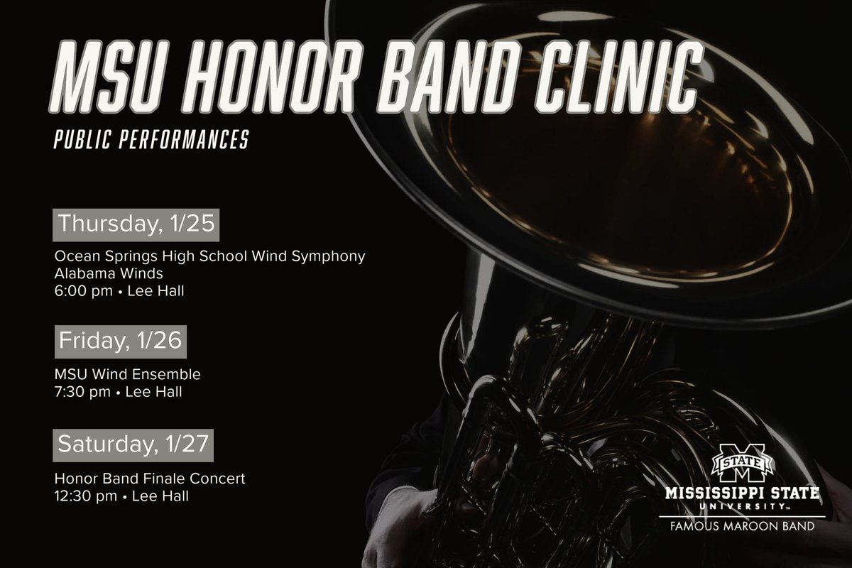 maroonband's tweet photo. This week, we are excited to host our annual honor band clinic, and we have a number of public performances that are free and open to the public. Over 200 talented high school band students from the region will be joining us for the clinic!
#hailstate #honorband #msstate https://t.co/E6J8DJ9Y2q
