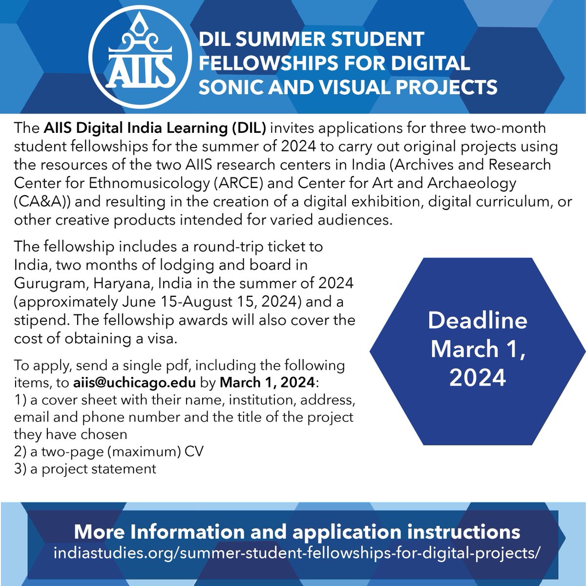 📢  #AIIS Student Fellowships for Digital Sonic and Visual Projects Summer 2024
Applications open for 3, 2-month fellowships. Create original projects with the Archives and Research Center for Ethnomusicology and Center for Art and Archaeology! indiastudies.org/summer-student…