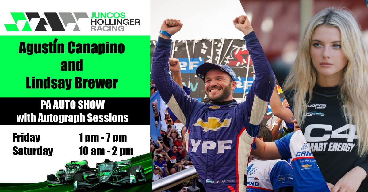 PA Auto Show (@paautoshow) on Twitter photo Meet INDYCAR Juncos Hollinger Racing team at the PA Auto Show on Friday and Saturday: <a href="/AgustinCanapino/">Agustín Canapino 🇦🇷</a> and <a href="/LindsayMBrewer/">Lindsay Brewer</a> . Meet INDYCAR Juncos Hollinger Racing team at the PA Auto Show on Friday and Saturday: <a href="/AgustinCanapino/">Agustín Canapino 🇦🇷</a> and <a href="/LindsayMBrewer/">Lindsay Brewer</a> .