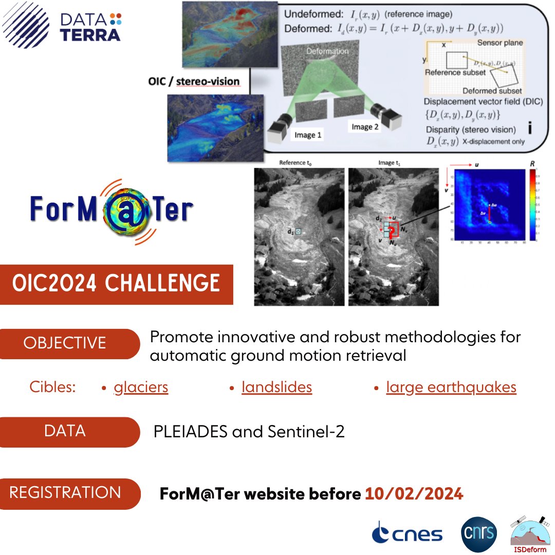 ForMaTerre's tweet photo. Launch of ForMaTer OIC2024: optical image correlation challenge to promote methodologies for automatic ground motion retrieval.
Organized by @ForMaTerre @dataterra  with de support of @CNRS @CNES and in collaboration with @ISDeform.
Info and registration: https://t.co/zHl8wved0K https://t.co/a8gbtFyKfH