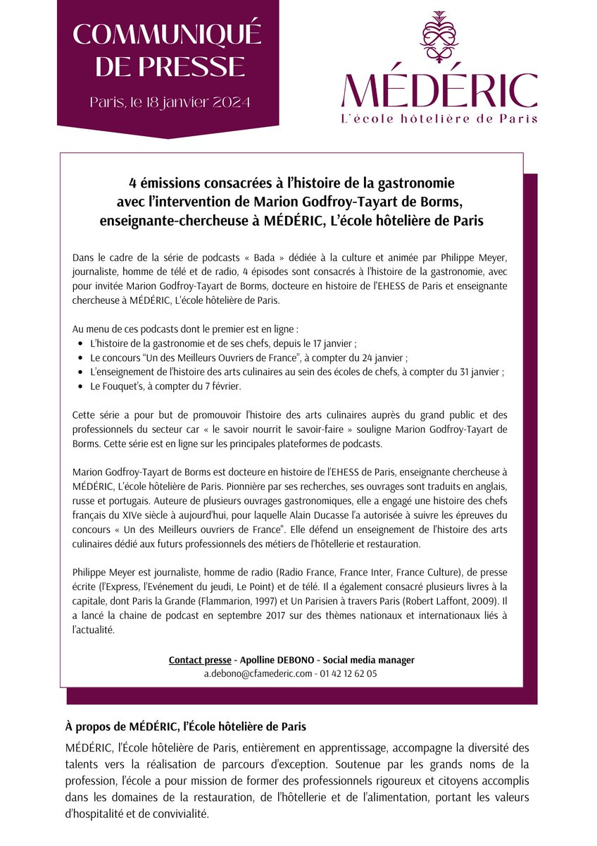 Médéric, école hôtelière de Paris (@mederic_ecole) on Twitter photo | PODCASTS SUR LA GASTRONOMIE |
🎧🎙️ Découvrez quatre épisodes consacrés à l’histoire de la gastronomie avec l'intervention de Marion Godfroy-Tayart de Borms, enseignante-chercheuse à <a href="/mederic_ecole/">MÉDÉRIC, L'école hôtelière de Paris</a>. | PODCASTS SUR LA GASTRONOMIE |
🎧🎙️ Découvrez quatre épisodes consacrés à l’histoire de la gastronomie avec l'intervention de Marion Godfroy-Tayart de Borms, enseignante-chercheuse à <a href="/mederic_ecole/">MÉDÉRIC, L'école hôtelière de Paris</a>.