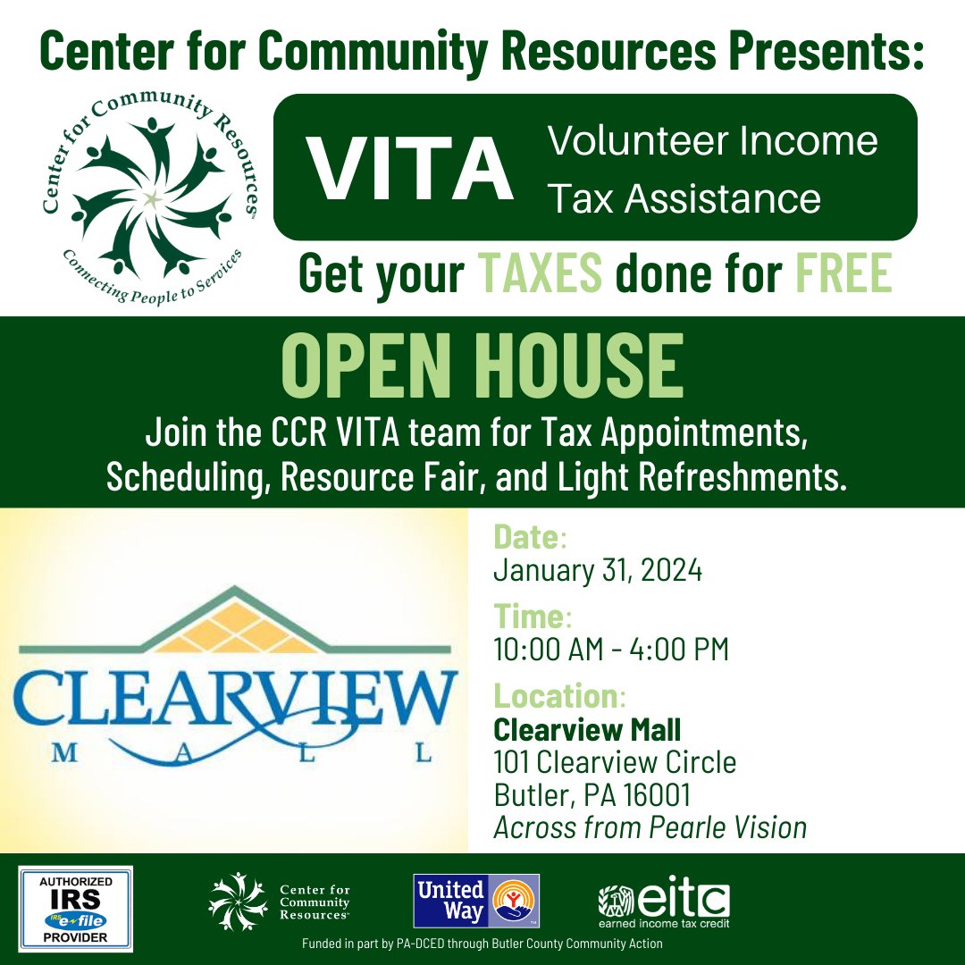 CCRforchange's tweet photo. Center for Community Resources’ Volunteer Income Tax Assistance (VITA) Program will host an informational Open House event at our Clearview Mall Location on January 31. 

#ConnectingPeopleToServices #NonProfit #VITA #Taxes #OpenHouse https://t.co/VwtAeQQ4hY