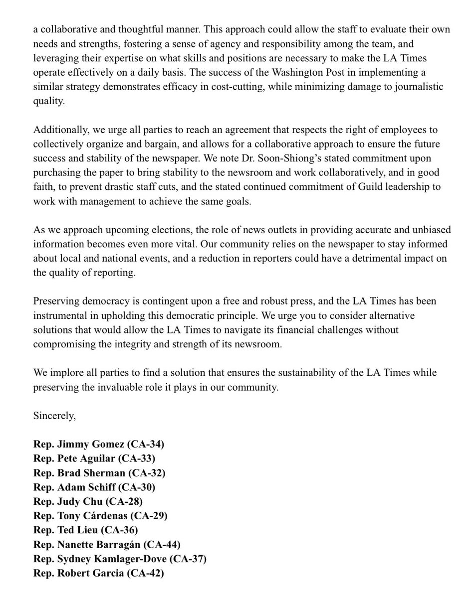 This morning, I received this letter from the Los Angeles congressional delegation expressing deep concern about impending newsroom cuts at the Los Angeles Times. @latguild @MediaGuildWest