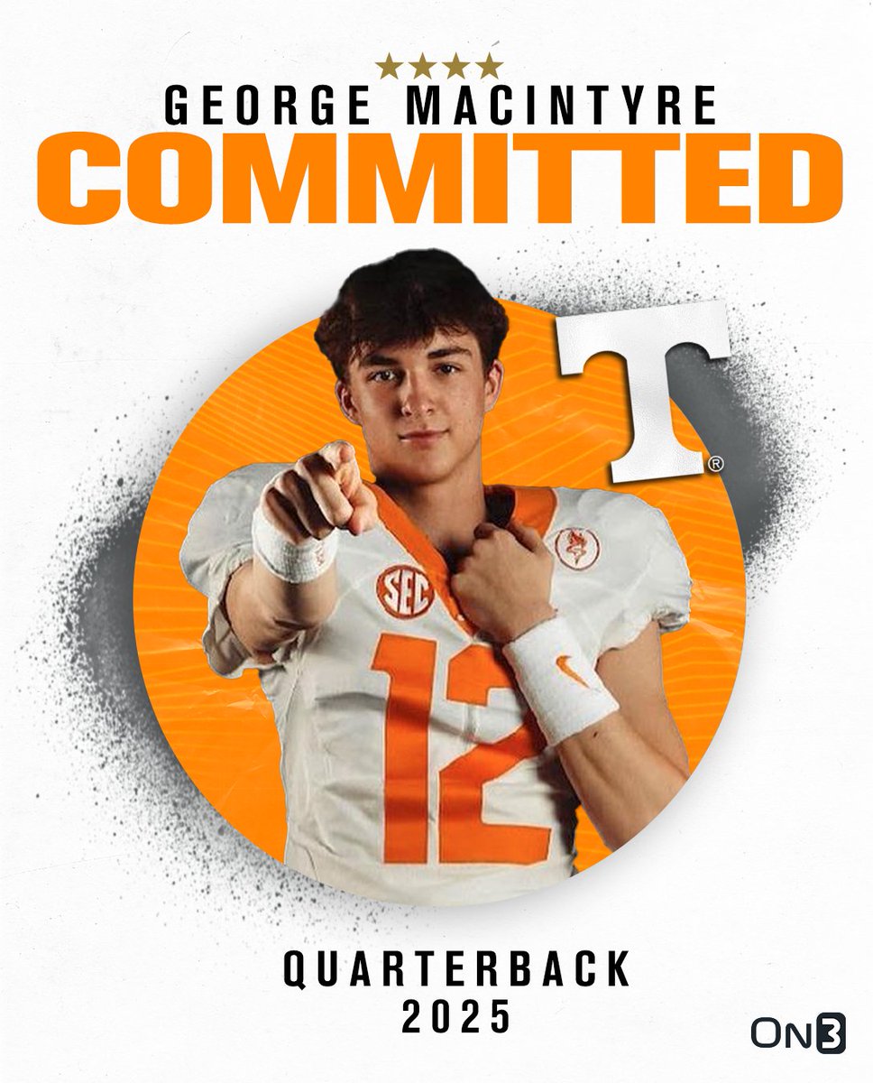 Rivals's tweet photo. 🚨BREAKING🚨 Elite 2025 QB George MacIntyre has committed to Tennessee🍊 

He ranks No. 16 NATL. (No. 3 QB) in the 2025 class. 

Read: https://t.co/BvouB1XTlb https://t.co/ar6nIpIjZP