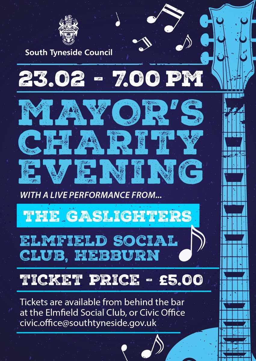 The Mayor and Mayoress, Cllr John and Mrs Julie McCabe cordially invite you to the Mayor’s Charity Evening! Tickets are available behind the bar at Elmfield Social Club, or Civic Office civicoffice@southtyneside.gov.uk
