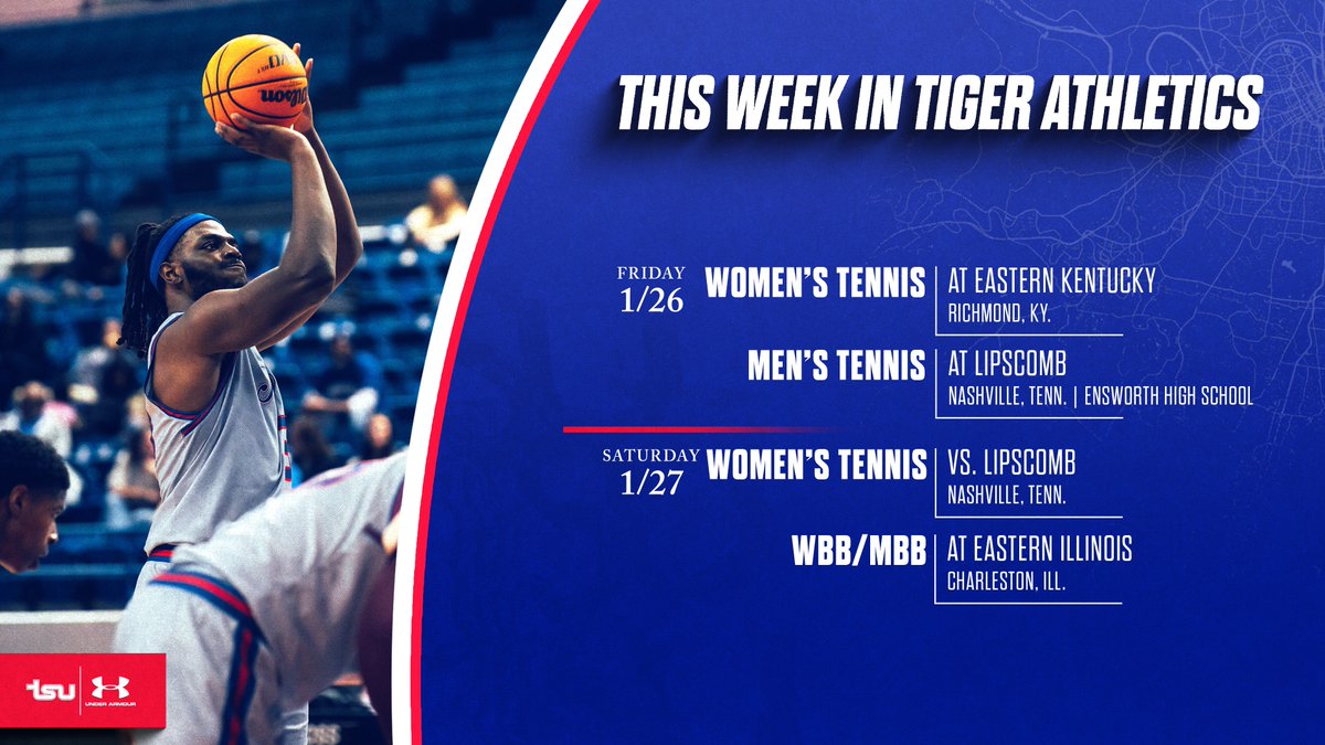 Tiger Athletics will be back in action this weekend‼️

Women’s Tennis will start the weekend with a match at EKU, while Men’s Tennis plays at Lipscomb.
On Saturday, <a href="/tsu_tennis/">東京成徳テニスサークル</a> will be home vs. Lipscomb, while @tsutigersmbb &amp; @tsutigerswbb will be on the road at EIU!

#RoarCity