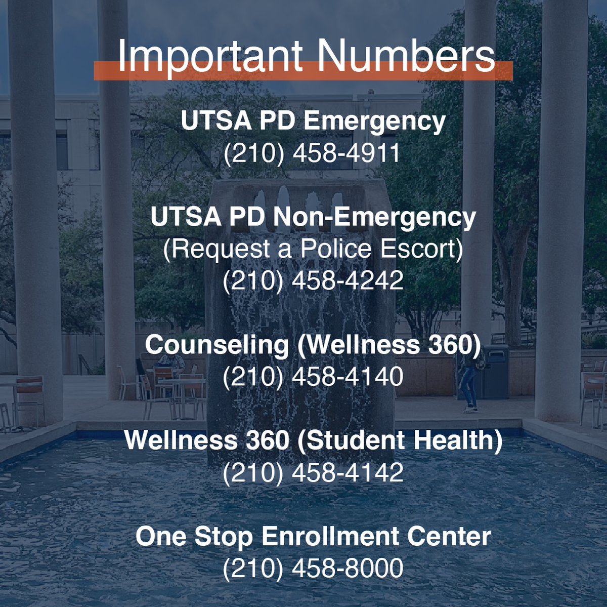 UTSA's tweet photo. ICYMI: Save this post, 'Runners! Here are some of the important numbers you may need while here at UTSA. https://t.co/98VPQFsW1v
