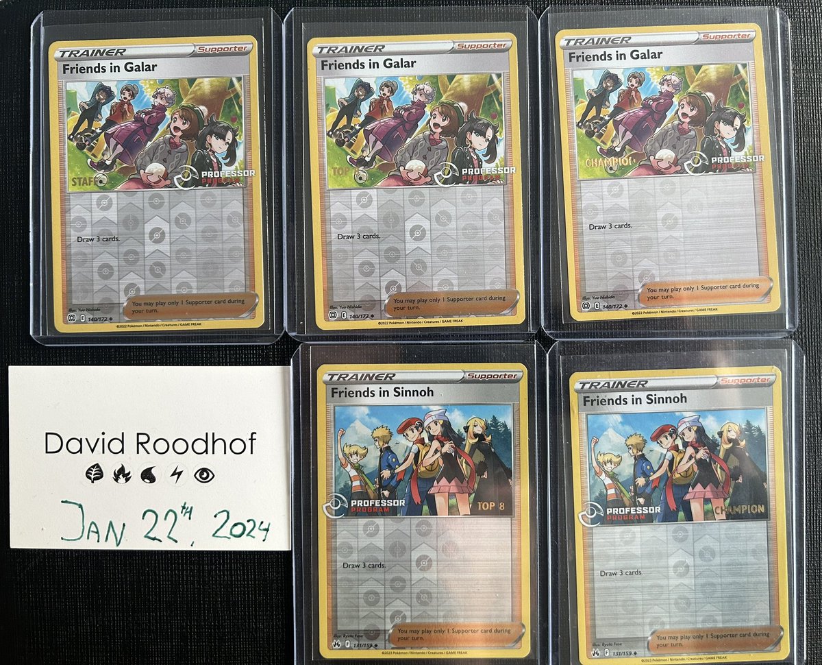 DrDuckboat's tweet photo. For sale: stamped Professor Program cards.

Asking price per card:

Friends in Galar Staff - €2200
Top 8 stamped set (Galar + Sinnoh) - €3000
Champion Stamped set (Galar + Sinnoh) - €7500

Not in a rush to sell, but willing to listen to offers. 

Located in The Netherlands, pickups in person possible. will be attending Bandaifest in Los Angeles later this week. So shipping/pickup in the United States is possible too.

For any questions, do not hesitate to dm.