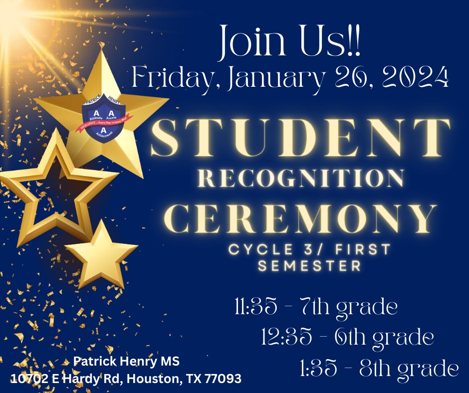 PatrickHenryMS's tweet photo. We are so elated to celebrate our Patriots! Join us On January 26, 2024 for our Cycle 3 Student Recognition Ceremonies! 
#AttitudeAccessandAchievement #ItsGameTime #PatrickHenryPatriots #thePatWay #StudentRecognition #ExcellenceinAchievement https://t.co/024i3fSK7I