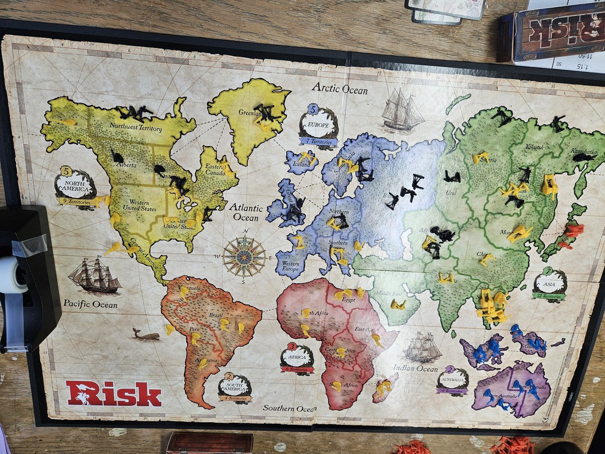 Discrete Math is working on probability as it relates to the game of Risk. I may or may not have dominated my students. (I am the yellow AND black pieces...ran out of yellow). It was great for discussion!! Coding tomorrow!! #wearefirebirds