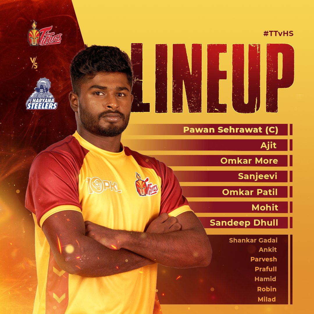 Telugu_Titans's tweet photo. Our 𝗦𝘁𝗮𝗿𝘁𝗶𝗻𝗴 𝟳 to face the Haryana Steelers tonight.👊 #TT🆚HS
 
Get ready to make some noise #TitansArmy!

#LineUp #Starting7 #Kabaddi #ProKabaddi #PKLSeason10 #HarSaansMeinKabaddi #TeluguTitans #HaryanaSteelers #TitansArmy #KabaddiTime #HomeLeg #GachibowliIndoorStadium https://t.co/DJ8JNq5QAQ