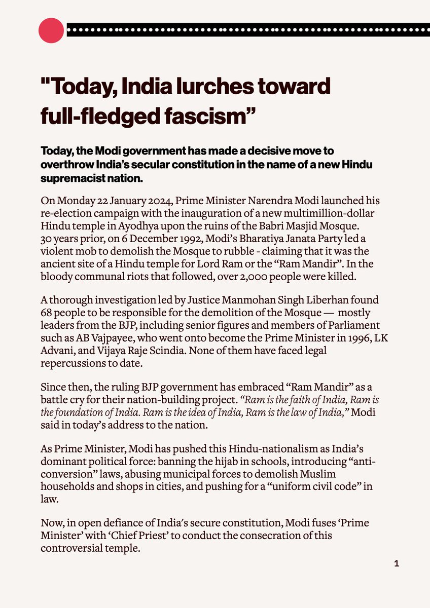 ProgIntl's tweet photo. URGENT 🇮🇳 "Today, India lurches toward full-fledged fascism.” Statement from the Cabinet of the @ProgIntl on Narendra Modi’s fundamentalist turn. https://t.co/N2CqLzXFsm