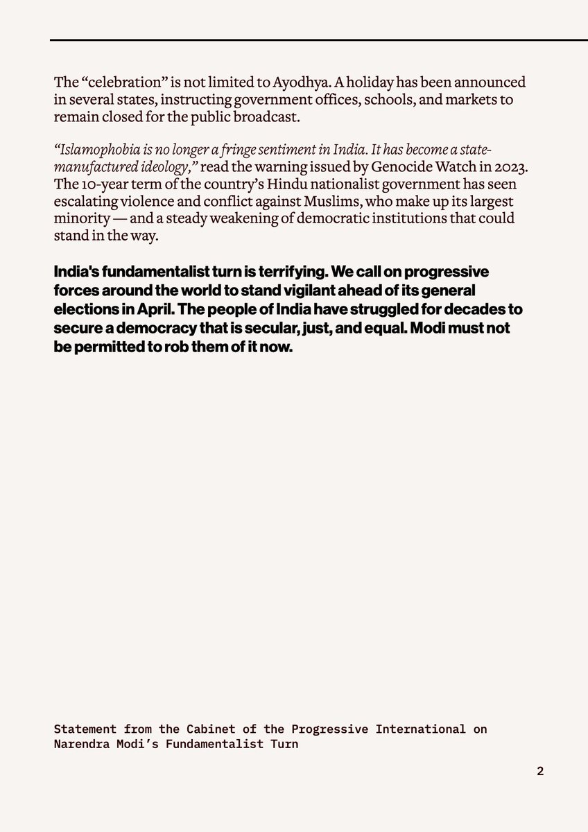 ProgIntl's tweet photo. URGENT 🇮🇳 "Today, India lurches toward full-fledged fascism.” Statement from the Cabinet of the @ProgIntl on Narendra Modi’s fundamentalist turn. https://t.co/N2CqLzXFsm
