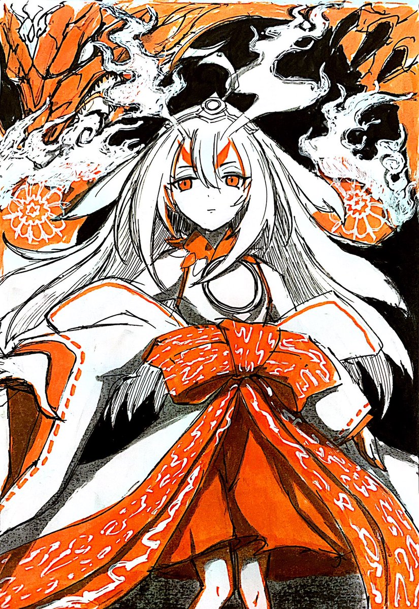 1girl horns long hair solo japanese clothes white hair hair between eyes  illustration images