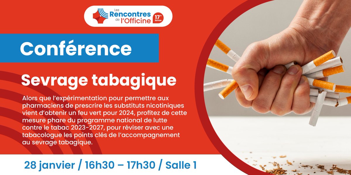 Les #rencoff c'est aussi l'occasion de vous former 😎
🚭Alors que l'expérimentation de la prescription de substituts nicotiniques en officine est sur les rails, profitez en pour réviser avec une tabacologue #teampharma 
Inscription gratuite⬇️
rencontresdelofficine.fr