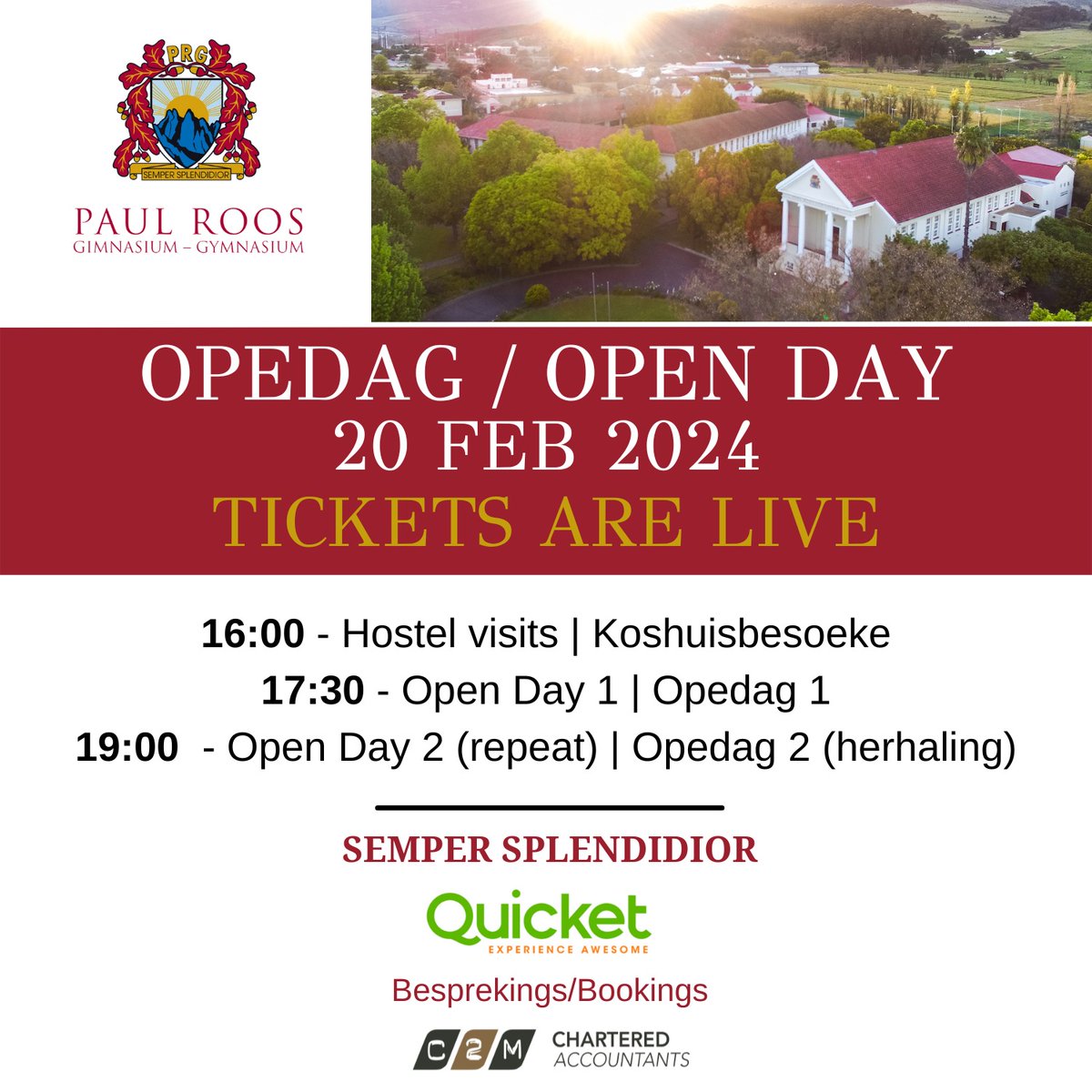 Paul Roos Gymnasium (@paulroos_gym) on Twitter photo PRG nooi Gr 7-leerders en hul ouers om 1 van 2 Opedag-sessies op Di, 20 Feb by te woon. Bespreking is essensieël via Quicket. Neem asb verkeer in ag. #prgakademie #prgopedag24 #graad7 qkt.io/lg5xQT <a href="/C2MCA/">C2M Chartered Acc</a> <a href="/QuicketSA/">Quicket South Africa</a> PRG nooi Gr 7-leerders en hul ouers om 1 van 2 Opedag-sessies op Di, 20 Feb by te woon. Bespreking is essensieël via Quicket. Neem asb verkeer in ag. #prgakademie #prgopedag24 #graad7 qkt.io/lg5xQT <a href="/C2MCA/">C2M Chartered Acc</a> <a href="/QuicketSA/">Quicket South Africa</a>