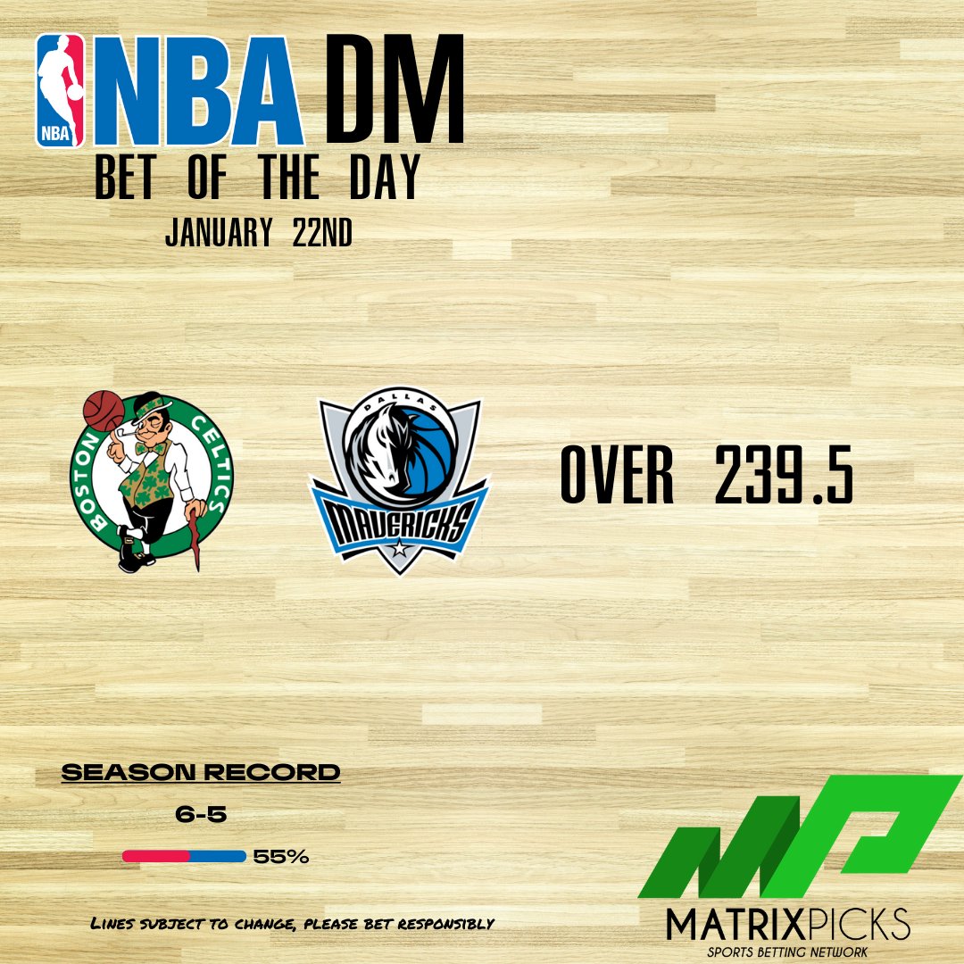 MatrixPicksSBN's tweet photo. Back on track after the win on Saturday, coming to you with another play on the Celtics @ Mavericks game tonight at 8:30p

Celtics/Mavericks OVER 239.5

#NBAPicks #NBABets #NBABetting #BettingInstagram #SportsPicks https://t.co/9BUBHbXjxy