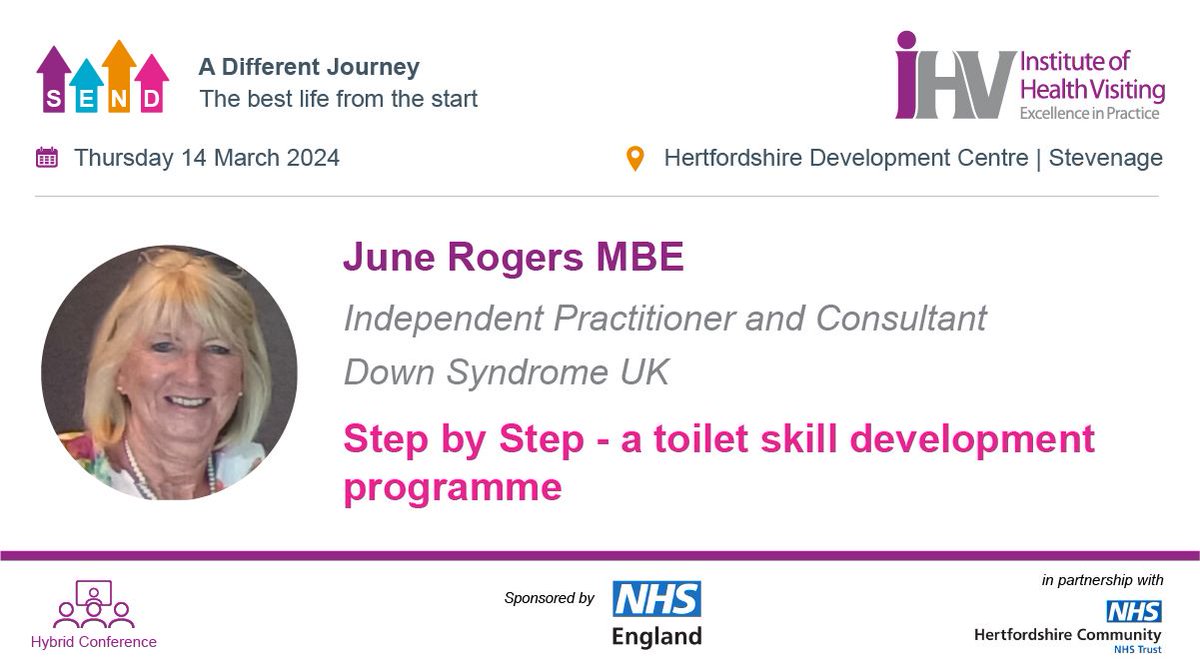 We are delighted that June Rogers MBE will be speaking at our upcoming #SEND Conference on 14 March, sponsored by NHS England. June's talk will be on 'Step-by-Step - a toilet skill development programme.' Book your place here: bit.ly/3QENMNQ #iHVSEND2024 #EarlyYears