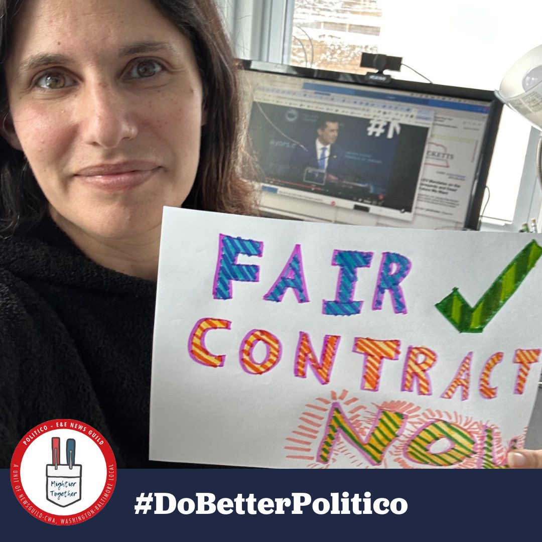 penguild's tweet photo. PEN Guild members are calling on @politico management to step up at the bargaining table and #DoBetter. 

We’ve been bargaining for over 20 months, and the time for a contract that guarantees fair wages for our hard working members is now✊ #DoBetterPOLITICO https://t.co/Zrx5Oy2n6j
