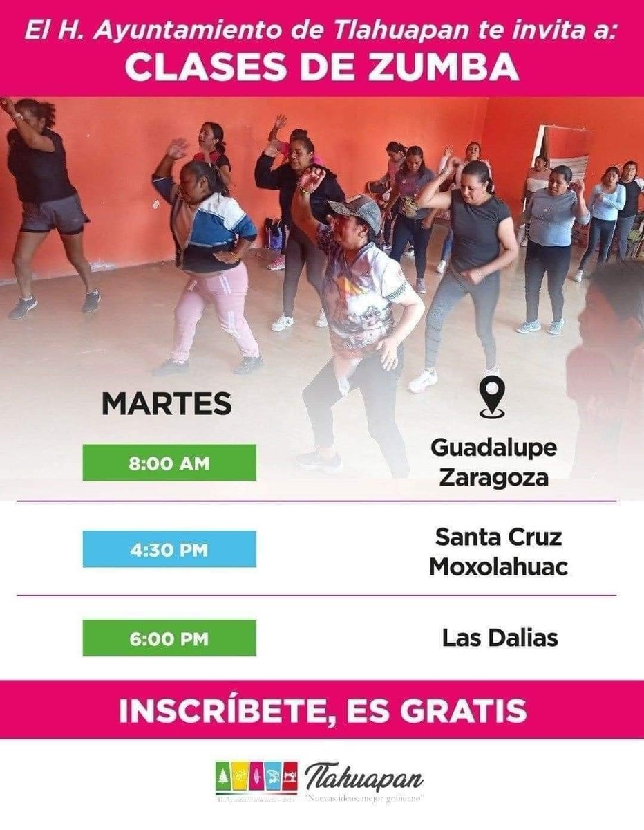 Ayto_Tlahuapan's tweet photo. ¿Buscas una manera divertida de mejorar tu salud cardiovascular? 🕺💃 Asiste a clases gratuitas de zumba todos los martes en #GuadalupeZaragoza, #SantaCruzMoxolahuac y #LasDalias. ¡No faltes! https://t.co/s1ZLNJS5FC