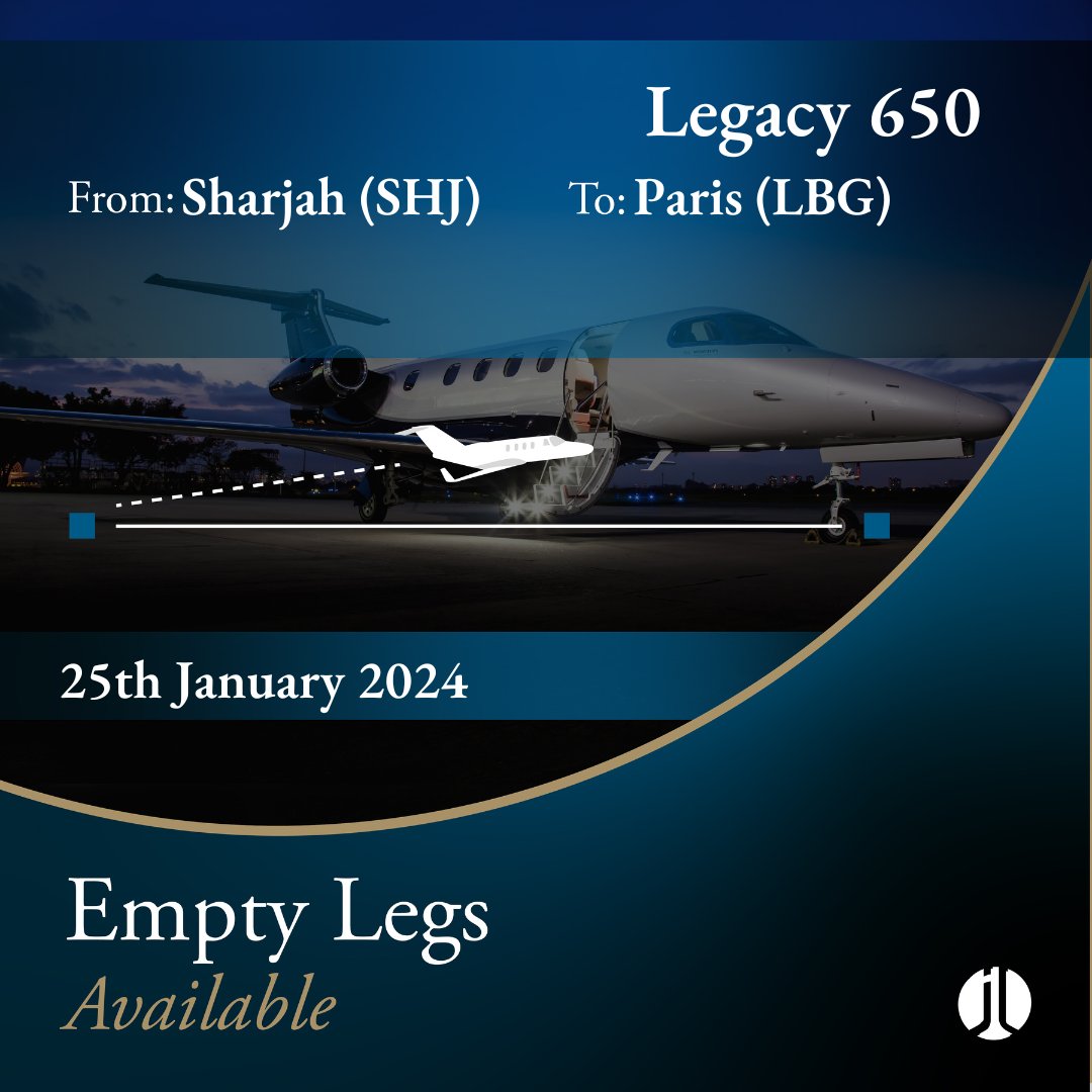 jetlogic's tweet image. EMPTY LEG ALERT. #Sharjah &amp;gt;&amp;gt;&amp;gt; #Paris. 25th January 2024. 13 pax. 

Contact @jetlogic to discuss your charter requirements. 

&amp;gt; +44 131 478 0802
&amp;gt; jlcharter@jetlogic.com

#FlyJetlogic #EmptyLeg #PrivateJet