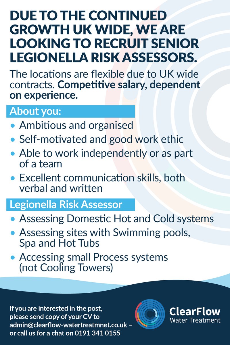 CFWTLTD's tweet photo. We're recruiting! Due to continued growth we're looking to recruit Legionella Risk Assessors!
This is a fantastic opportunity for the right candidate!
Make sure you kick start your career in 2024 - apply today!

#legionella #recruitment #waterengineer #job #opportunity https://t.co/xRV980HwPB