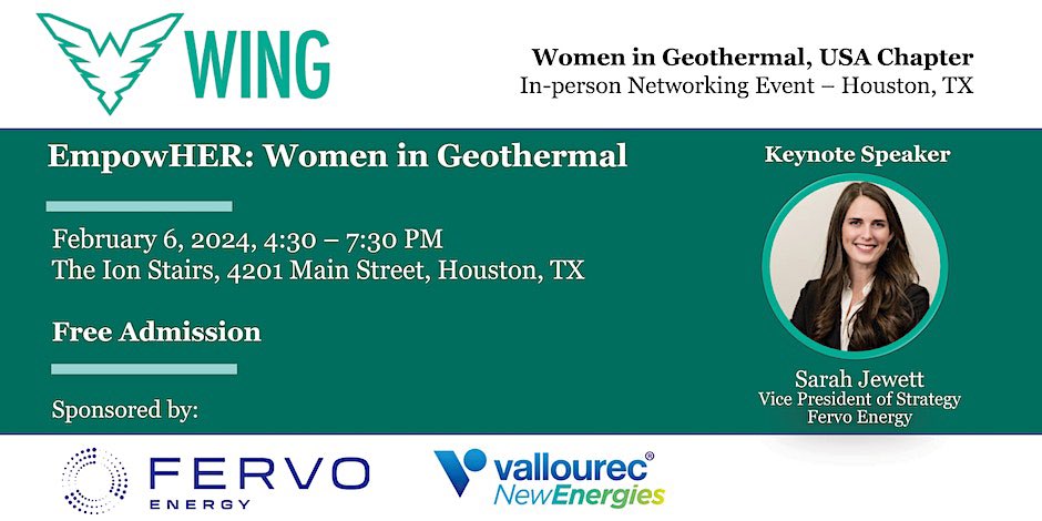 WinG_USA_'s tweet photo. Join for the WinG event! Taking place on the steps of The Ion on February 6th from 4:30 to 7:30 PM CST!

Location: The Ion, 4201 Main Street, Houston, TX 77002

For registration:
https://t.co/tNYwtGWwhv

#WomenInGeothermal
#Wing
#EmpowHER #WomenInGeothermal #GeothermalEnergy https://t.co/O9LsIzwdMo