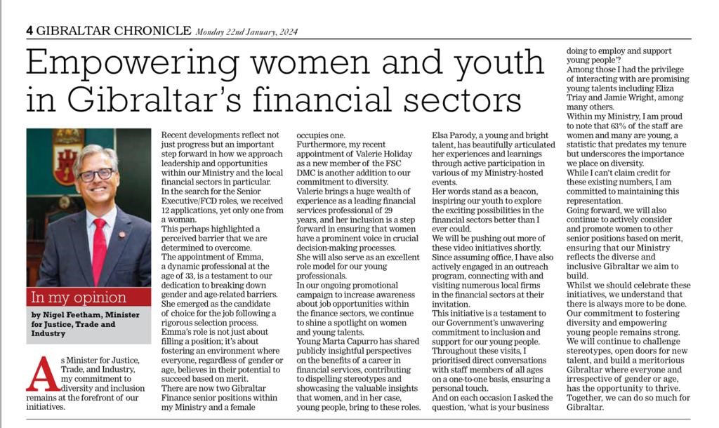 'In my opinion' piece in @GibChronicle @NigelMFeetham KC MP writes about diversity, inclusion and merit in #Gibraltar's financial sectors.

#ThinkGibraltar #opportunity #GibraltarFinance @GibraltarGov @gibfsc #ConnectHub